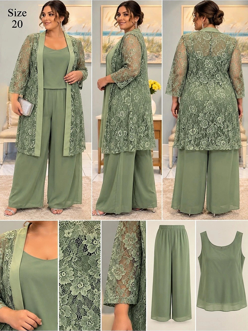 Catherines Lace Gala 3-Piece Pant Suit Green Size 20